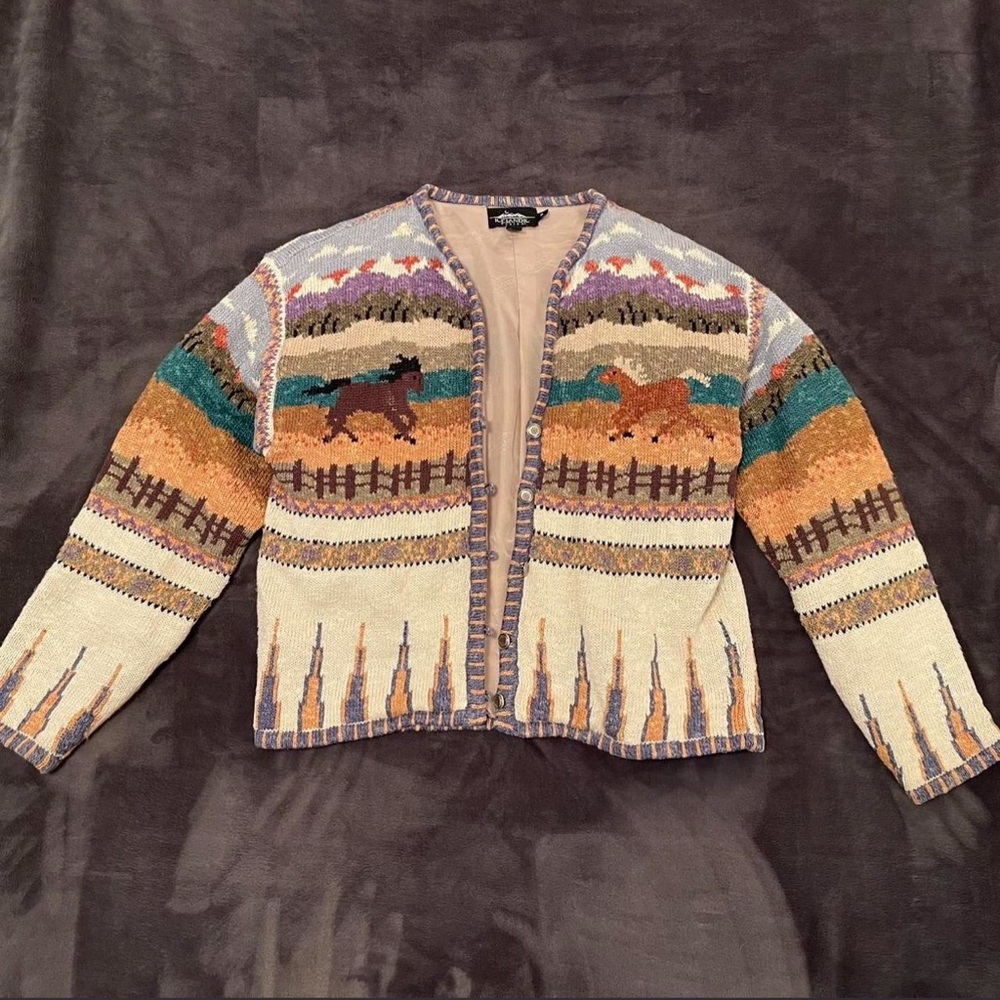 Icelandic Designs Colorful Horse pony western Pattern Cardigan M EUC